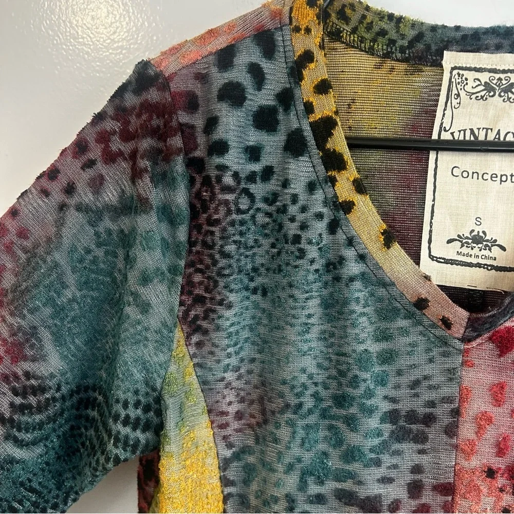 Vintage Concept Multicolor Animal Print Long Sleeve Tunic Boho Top Size Small